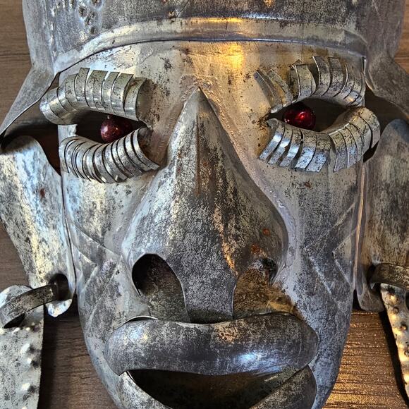 Vintage Mexican Tin Metal Mask with Beaded Eyes Folk Art Primitive Style Tribal - Picture 3 of 9